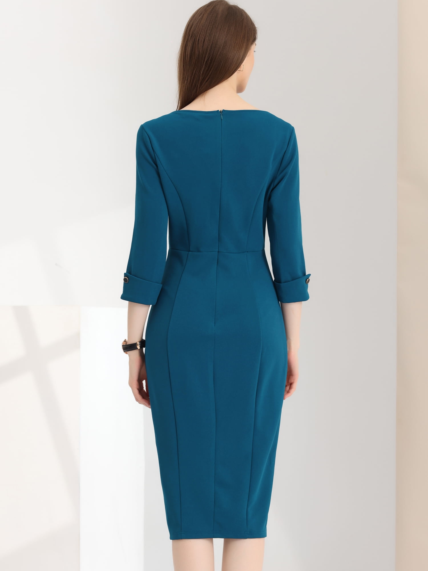 DARING DIVA Elegant Boat Neck 3/4 Sleeves Midi Split Sheath Dress XS Lake Blue