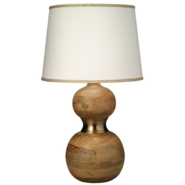 32.50" Brown and White Bandeau Table Lamp in Natural Wood with Large Open Cone Shade and Natural Burlap