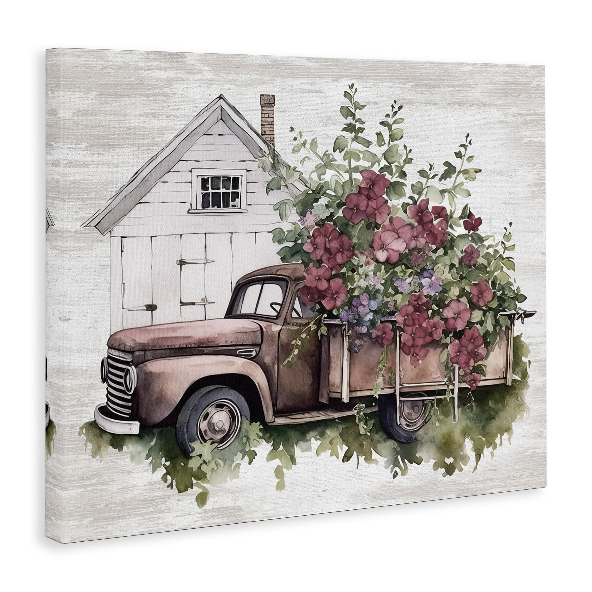 Stupell Industries Burgundy Flowers Truck Transportation Painting Gallery Wrapped Canvas Art Print Wall Art, 40 x 30