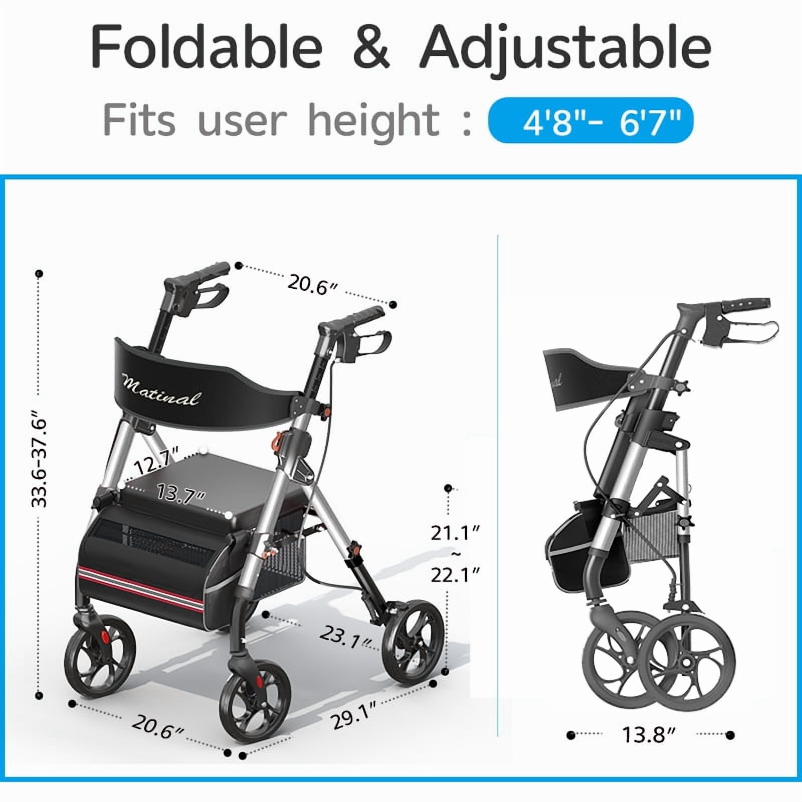 Aukfa Rollator Walker for Seniors,Lightweight Foldable All Terrain Rolling Walker with seat,8" Big Wheels,350 lb Capacity,Silver
