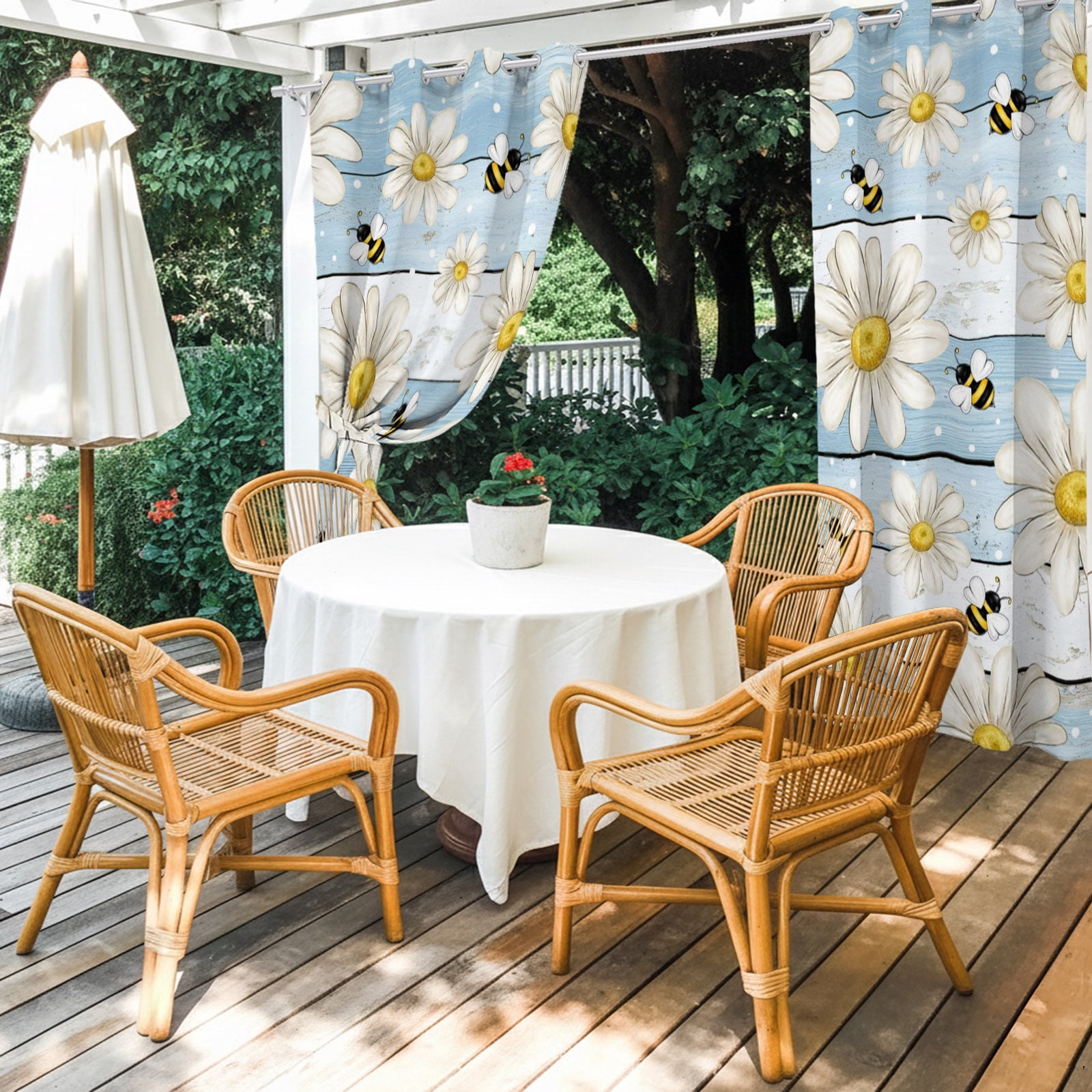 White Floral Outdoor Curtains for Patio, Vintage Daisy Farmhouse Bee Rustic Summer Blue Striped Sunshade Privacy Drapes Grommet Waterproof Outside Curtains for Porch/Cabana/Balcony 54"x 108", 1 Panel