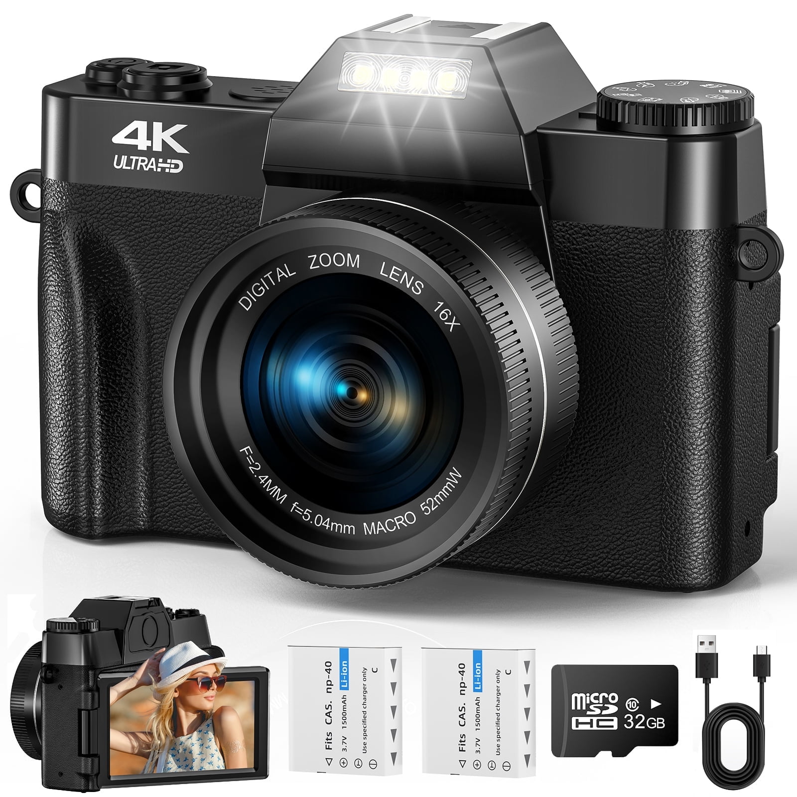 Digitale camera 4K 48MP fotoapparaat autofocus met 32G SD-kaart, compacte camera fotocamera met optische zoeker 16x zoom 2 accu's eenvoudig te bedienen, geschikt voor beginners, volwassenen, jongeren