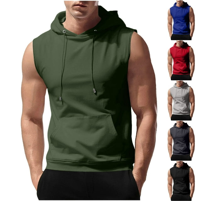 Xdegoge Débardeurs à Capuche pour Hommes avec design Sans Manches, Capuche à Cordon et Poche avant. Offerts en Vert, Bleu, Rouge, Gris et Noir. Parfaits pour l'Entraînement au gym, la Musculation et les Tenues Décontractées. Catégorisés sous Hauts Athlétiques pour Hommes et Vêtements de Sport.