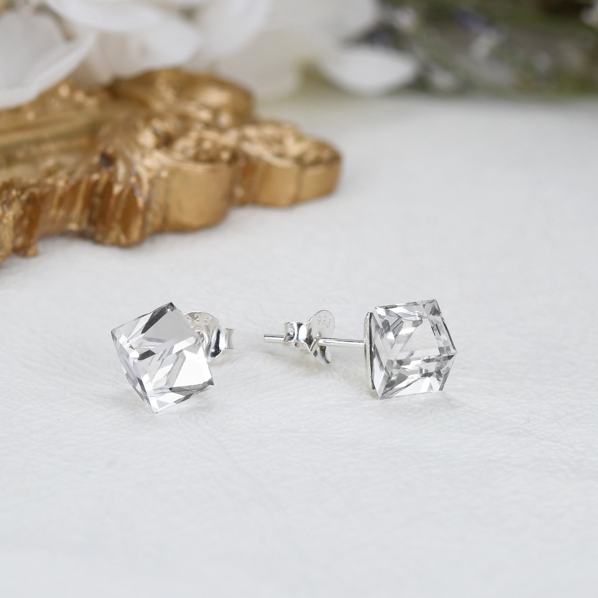Clear Crystal Prism Cube .925 Sterling Silver Stud Earrings