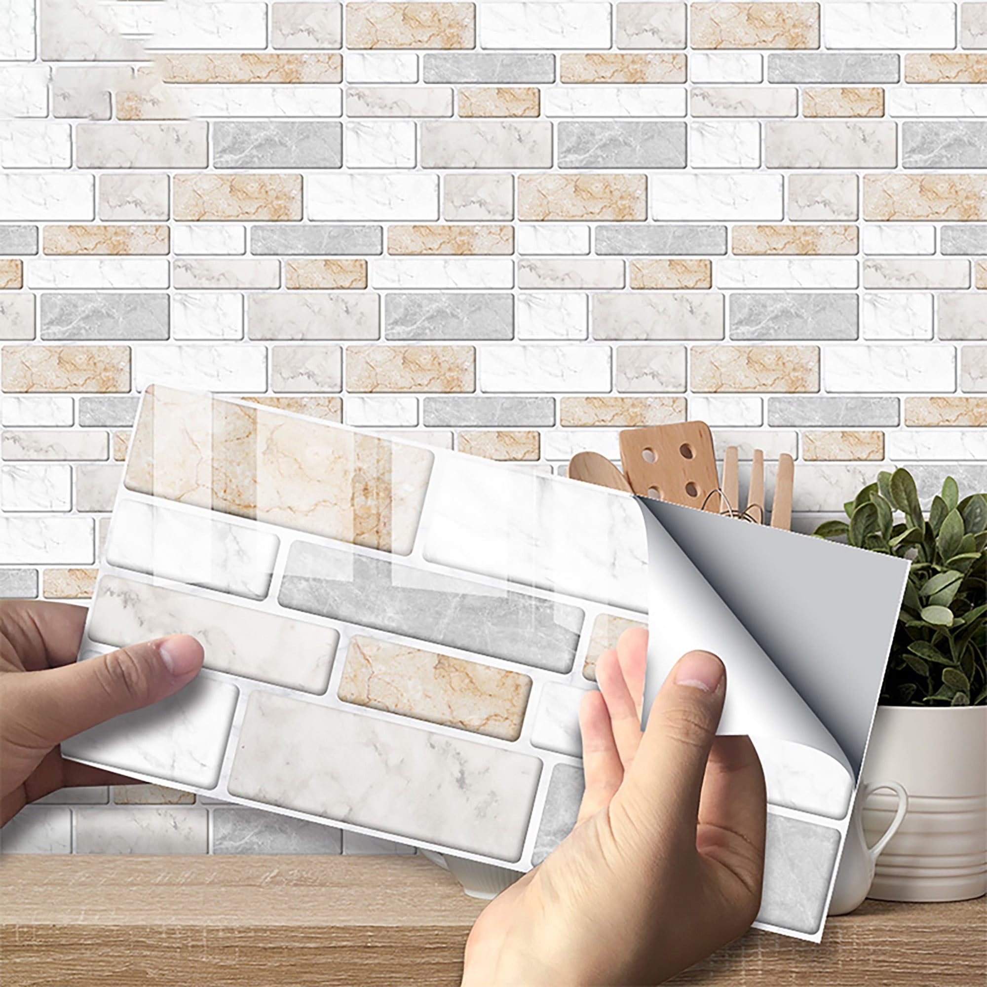 9pCS/sET 3D Self Adhesive Wall Tile Stickers Brick Kitchen Bathroom Mosaic Decor 