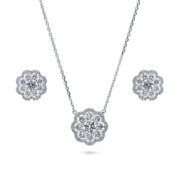 BERRICLE Sterling Silver Flower Cubic Zirconia CZ Halo Fashion Necklace and Earrings Set for Women, Rhodium Plated