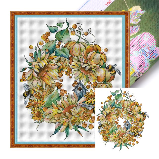 (HA106) Hilo Algodón Ecológico Bordado No Manchú 14CT 2 Hebras Impresión 33*37cm Kit Serie Flores Punto Cruz Con Corona Cosecha Otoño Dorado (borde Gancho)