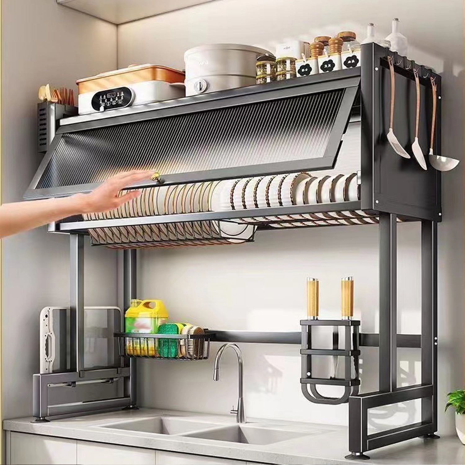 Over The Sink Dish Drying Rack, Over Sink Dish Drain Drying Rack for Kitchen Storage of Dishes and Cutlery, Space Saving Dish Rack with Cover, (Black, 33.5 inch)