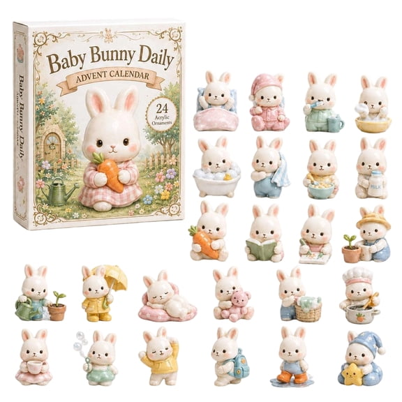 Christmas Advent Calendar 2026, 24 Days Christmas Countdown with 24 2D Baby Bunny Theme Ornaments, Xmas Tree Decor, Holiday Gift Box