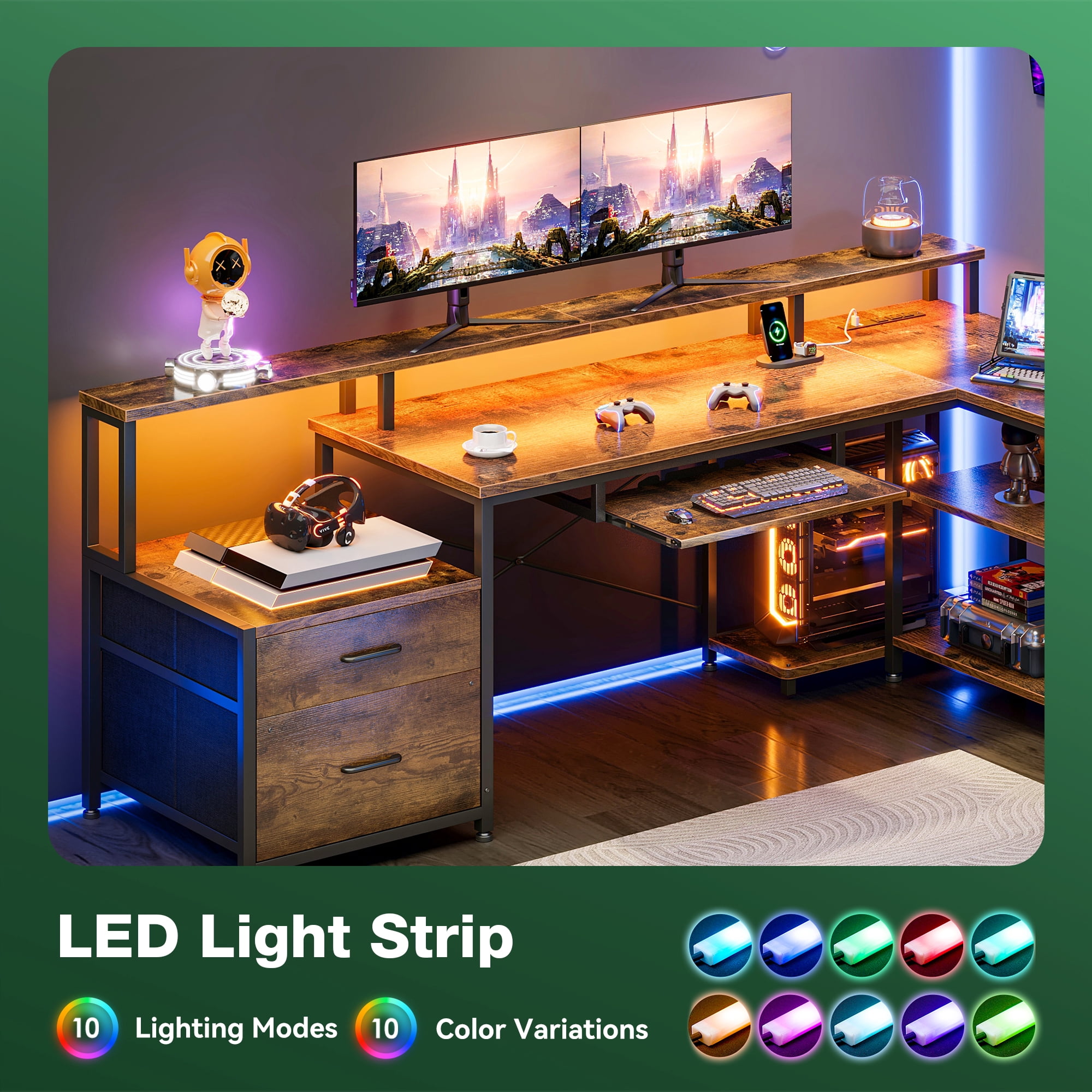 66 inch L-Shaped Gaming Desk with LED Lights & Power Outlets, Corner Computer Desk with 2 Drawers & Storage Shelves, Reversible Workstation for Home Office, Vintage