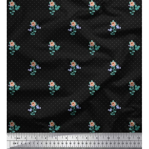 Soimoi Cotton Duck Fabric Dot,Leaves & Rose Floral Print Sewing Fabric Yard 42 Inch Wide