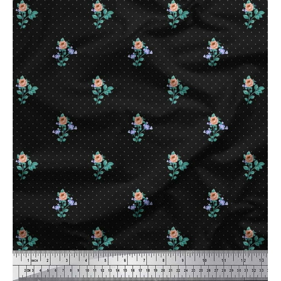 Soimoi Cotton Duck Fabric Dot,Leaves & Rose Floral Print Sewing Fabric Yard 42 Inch Wide