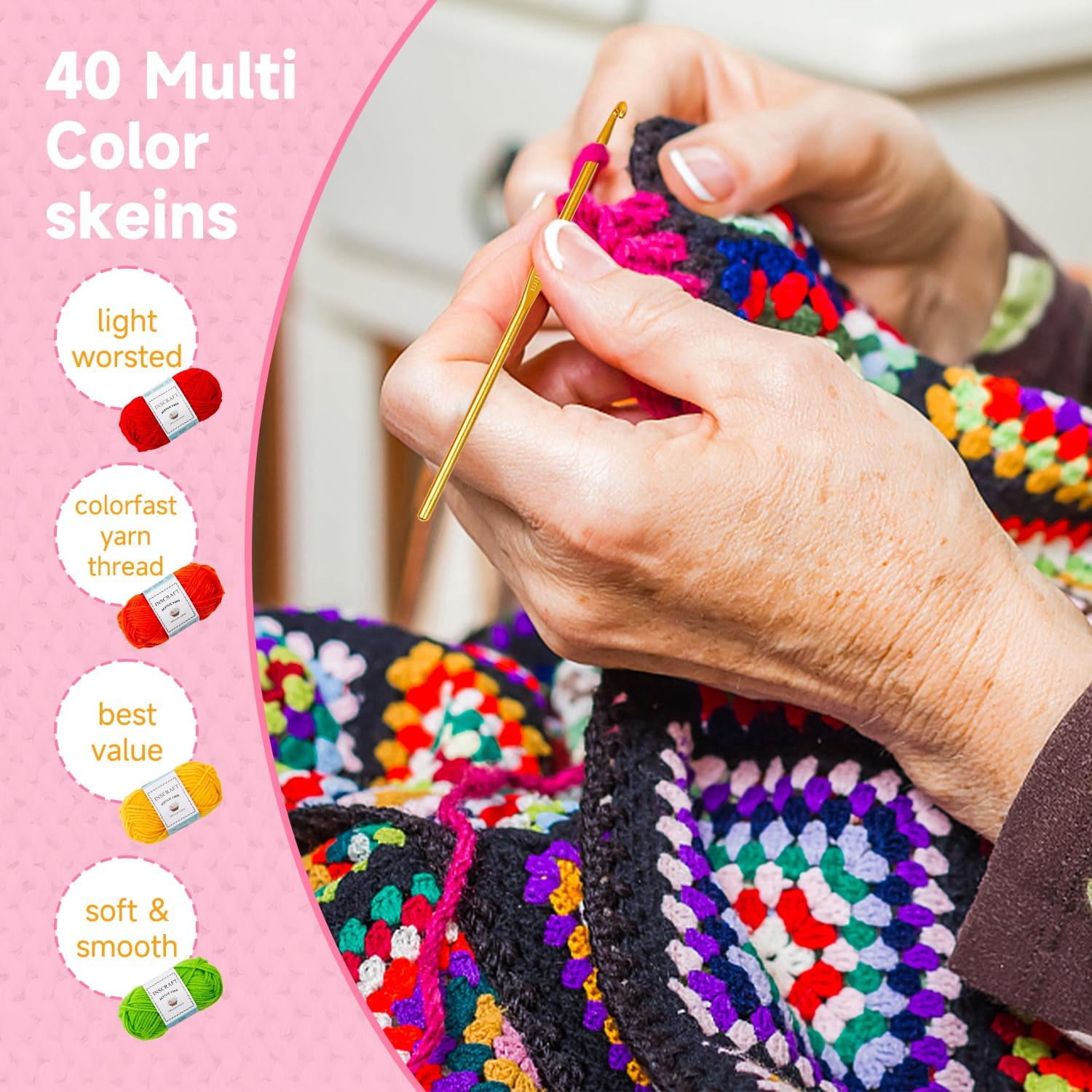 48 PCS Crochet Yarn Kit, 1400 Yards 40 Colors Acrylic Yarn Skeins, 2 Crochet Hooks, 2 Weaving Needles, 4 Stitch Markers, 1 Bag, for Crocheting & Knitting, Gift for Beginners and Adults