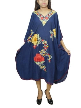 Mogul Women's Blue Floral Caftan Kimono Sleeves V Neck Comfy Sleepwear Bikini Cover Up One Size