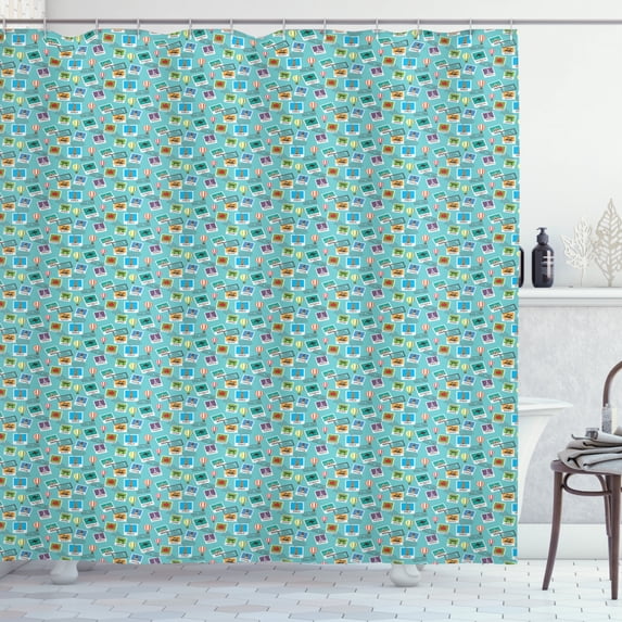 Adventure Nursery Shower Curtain, Popular Travel Destinations Passport Stamp Motifs of Countries and Cities, Fabric Bathroom Set with Hooks, 69W X 75L Inches Long, Multicolor, by Ambesonne