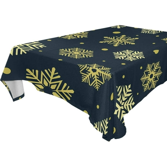 SKYSONIC 60”x90" Square Tablecloth with Golden Snowflakes On Deep Blue Prints, Anti-Wrinkle and Smooth Table Cloth for Kitchen/Home Decoration