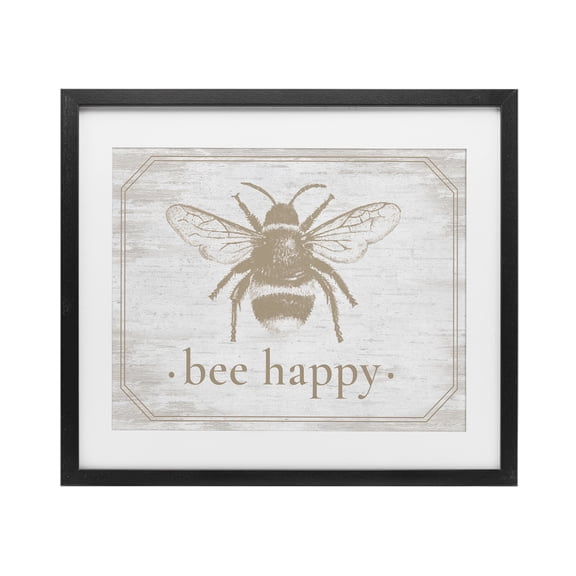 Bee Happy with Rustic Border Black Framed Print Under Glass, design by Lettered and Lined