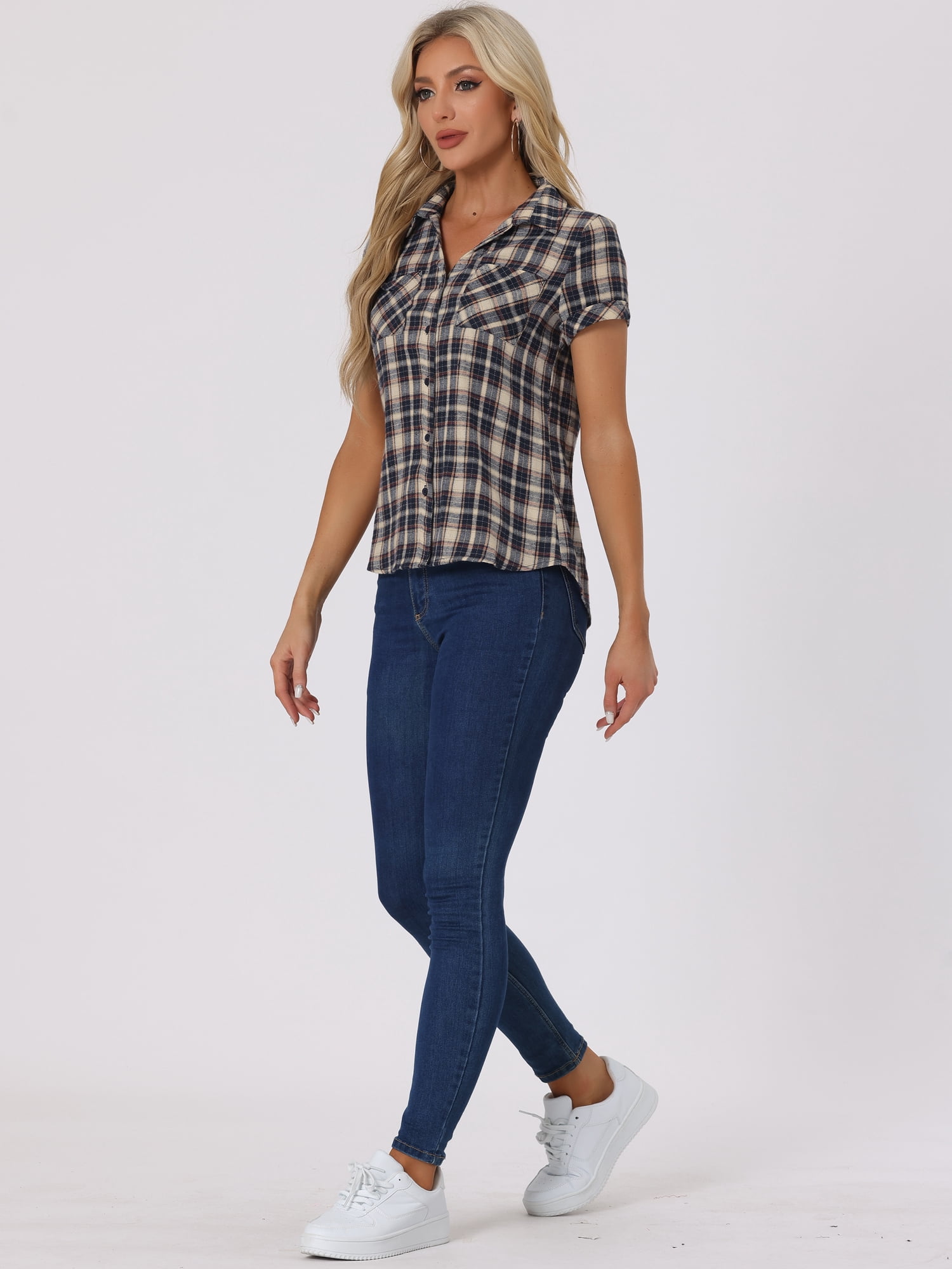 DARING DIVA Women's Casual Boyfriend Plaid Button Down Flannel Shirt L White Dark Blue