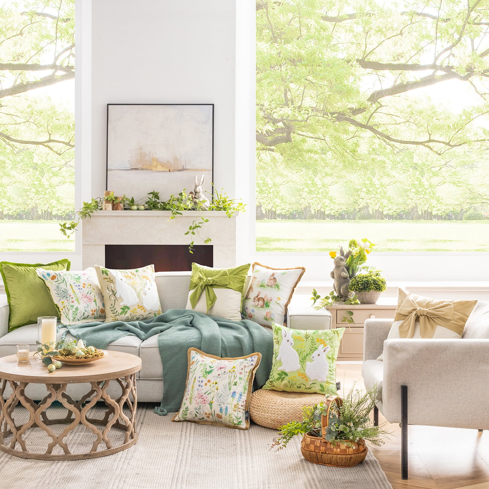 Happy Easter Throw Pillow Tassel Trimmed Printed Colorful Flowers and Rabbits Decorative Easter Pillows, 18" x 18", Light Green, 2 Pack