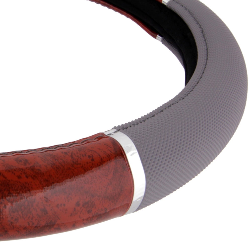 BDK Dark Wood Grain Steering Wheel Cover for Car, SUV, Van, Premium Syn Leather, Gray,Beige Black Wood