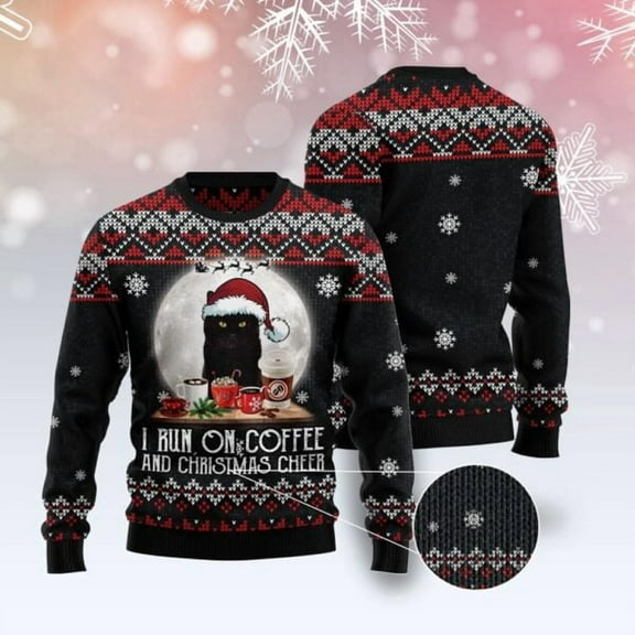 Black Cat Run On Coffee Ugly Christmas Sweater, Christmas Cat Ugly Sweater, Ugly Cat Xmas Sweater