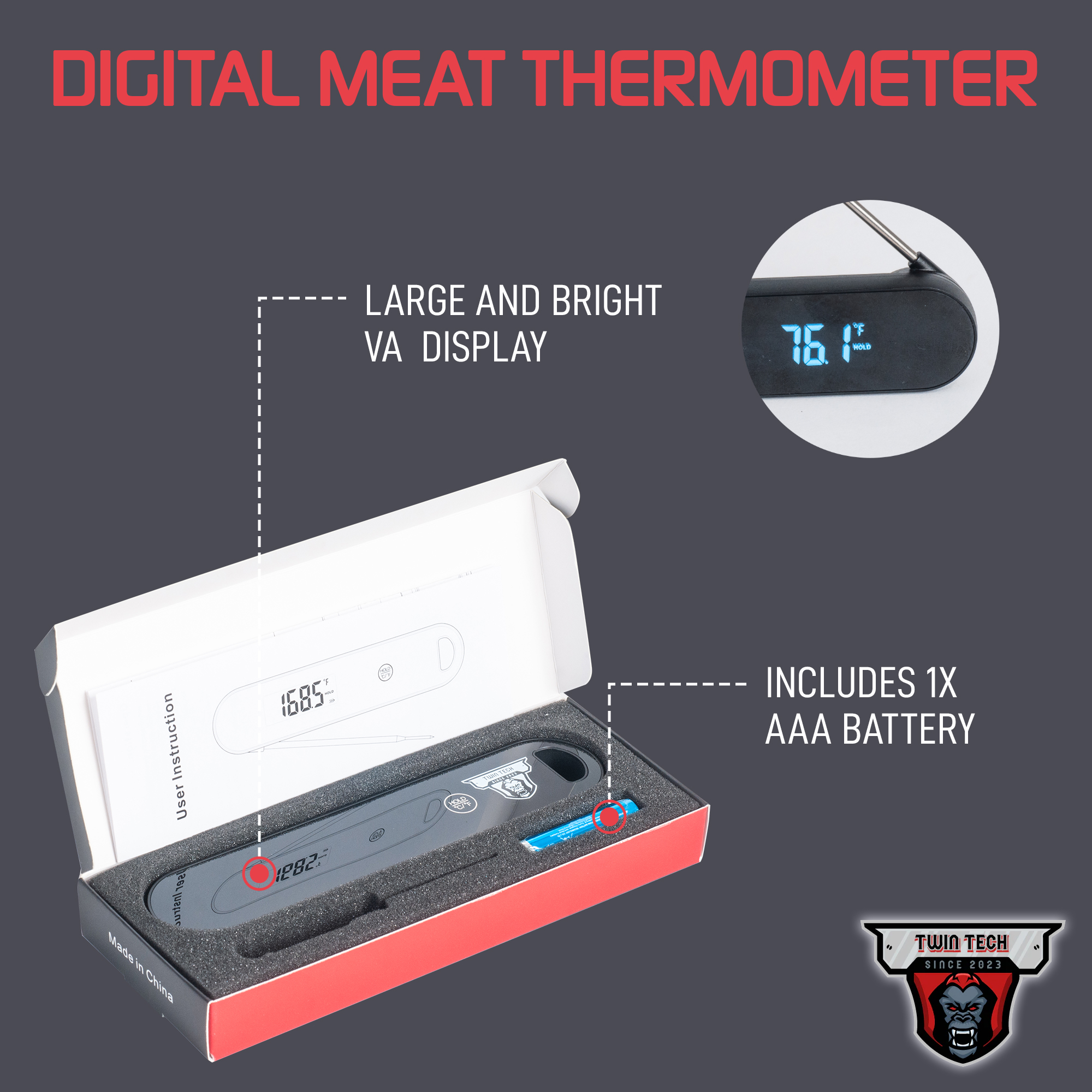 TwinTech Instant Read Meat Thermometer, Digital Food Thermometer, Foldable Probe, Magnetic, Waterproof, Backlight, AAA Battery, Black