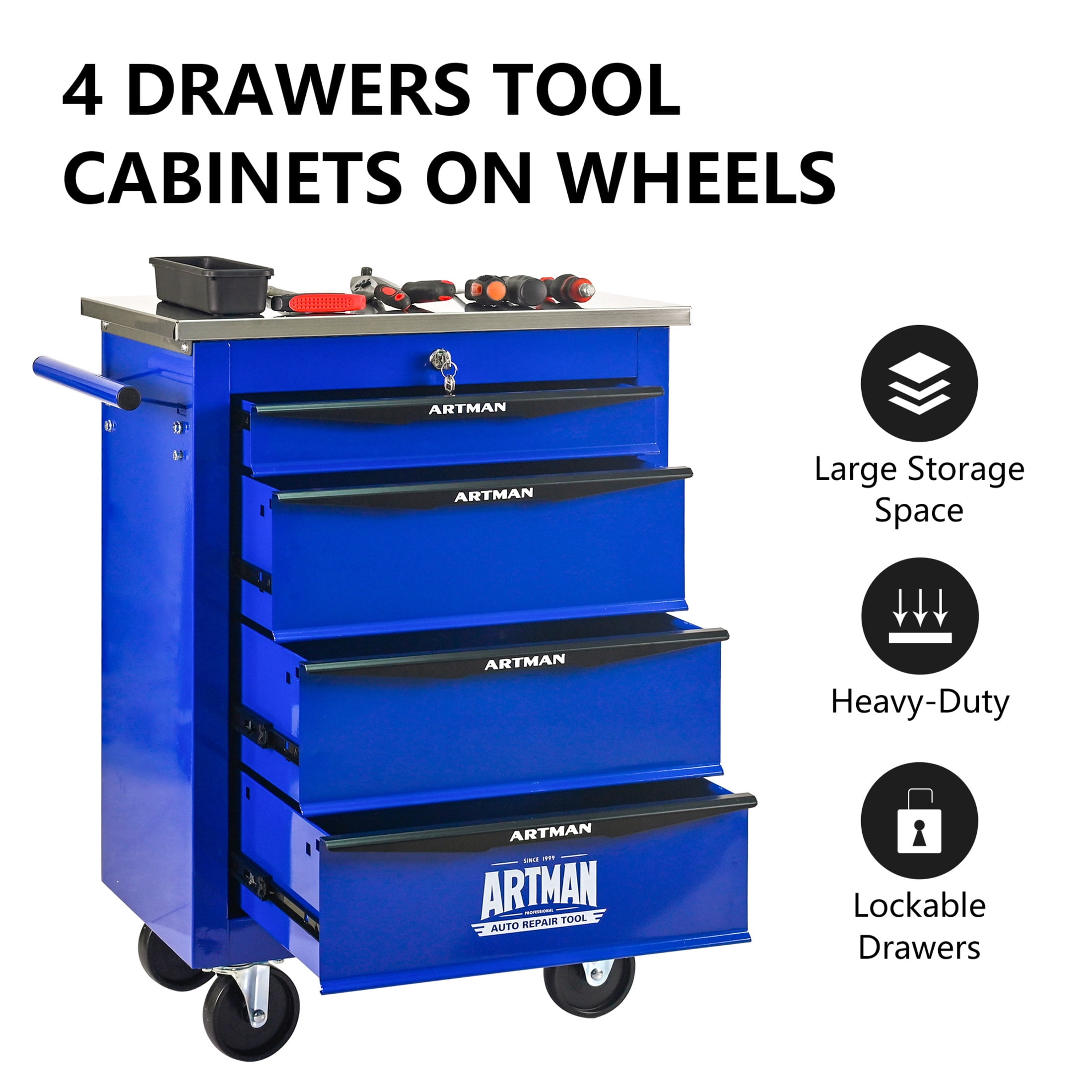 Noble House 4-Drawer Rolling Tool Organizer Cart, Steel Mobile Chest Storage with Worktop for Garage Workshop, Blue