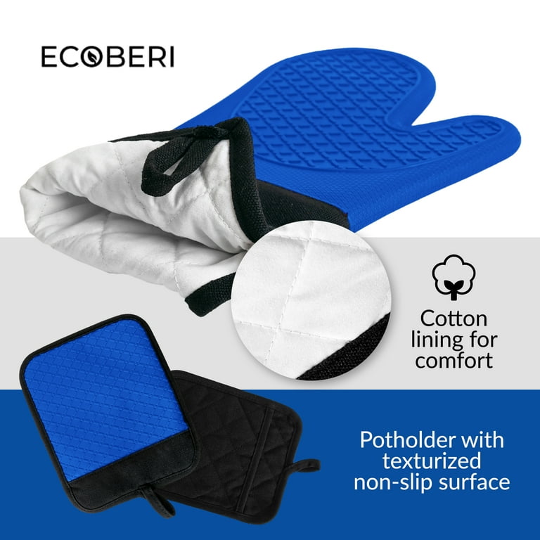Ecoberi Silicone Oven Mitts and Pot Holder Set, Heat Resistant, Cook, Bake, BBQ, Pack of 3 Blue, Adult Unisex, Size: One Size