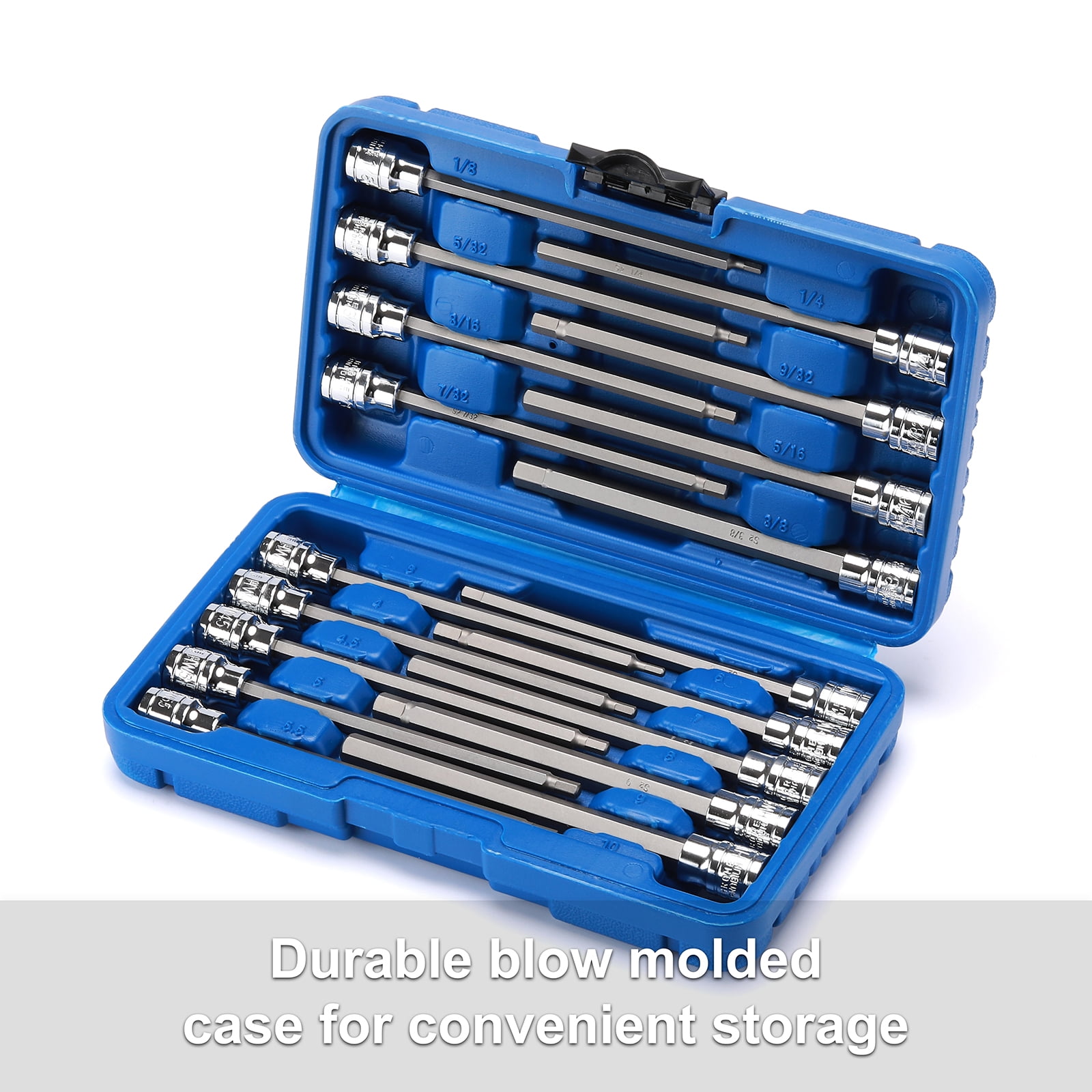 18-Piece 3/8 inch Drive Long Hex Bit Socket Set, 1/8 "- 3/8 ", 3mm - 10mm, SAE & Metric, Extra Long Allen Hex Bit Socket Set, CR-V and S2 Steel