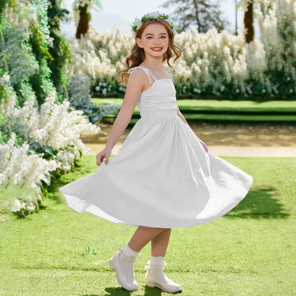Spazoro Girls Midi Camisole Dresses, A-Line Sleeveless Solid Square Neck Casual Summer Dresses for Girls White Size 4-5