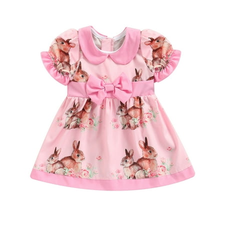 

CenturyX Kids Baby Girls Easter Dress Rabbit Flower Print Peter Pan Collar Short Sleeve One-Piece Sundress Pink 3-4 Years