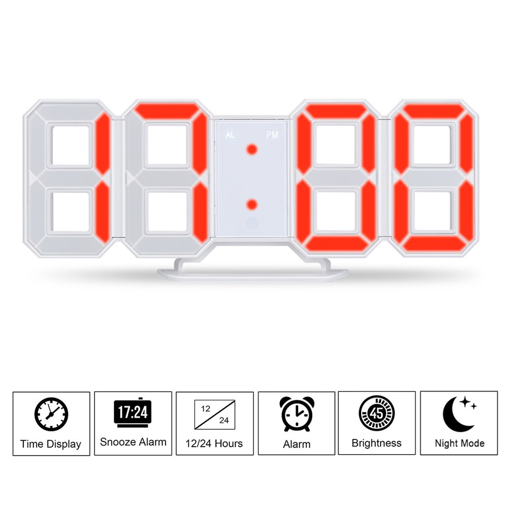 LED Digital Numbers Wall Clock with 3 levels Brightness Alarm Snooze Clock