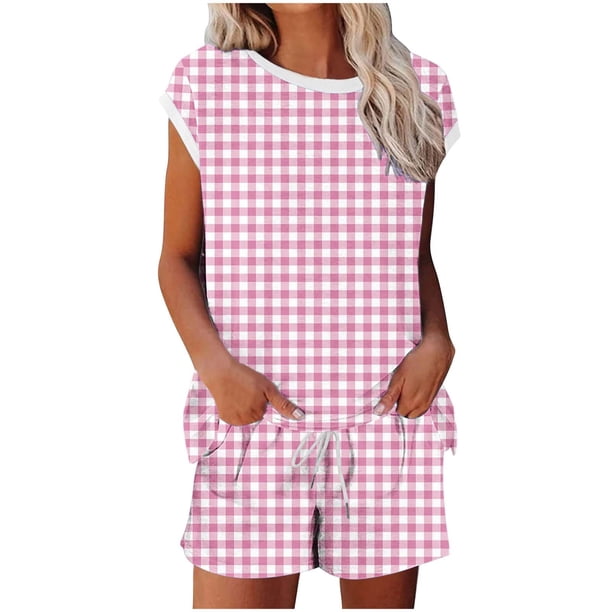 Conjunto de Pantalones de Cuello Redondo Y Cordón de Manga Corta Impresa para Mujeres Conjunto de Poliéster, Desgaste Casual sin Posicionamiento para Mujeres