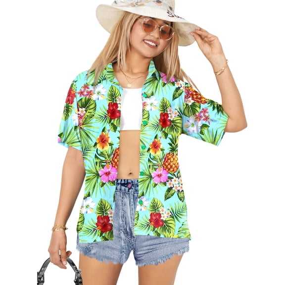 LA LEELA Hawaiian Shirts Womens Short Sleeve Tops Tropical Vacation Button up Summer Holiday Beach Party Dress Shirts Blouses for Women S Pineapple, Autumn Green