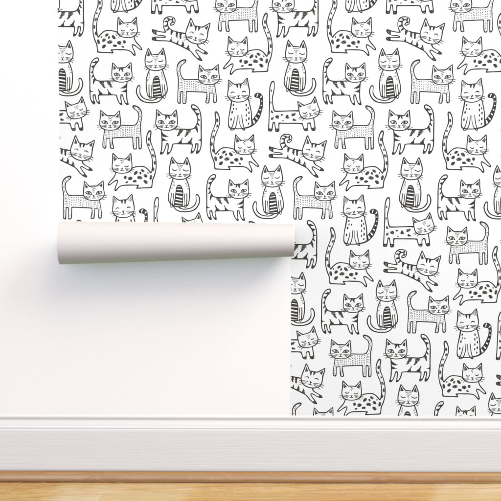 Removable Water-Activated Wallpaper Kitten Cats Black White Pets Geometric Cute 