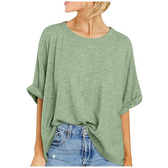 MIXUE Womens Summer Tops Cotton Solid Color Round Neck Short Sleeve Loose Casual Shirts For Women T-shirts Streetwear,Green,XL