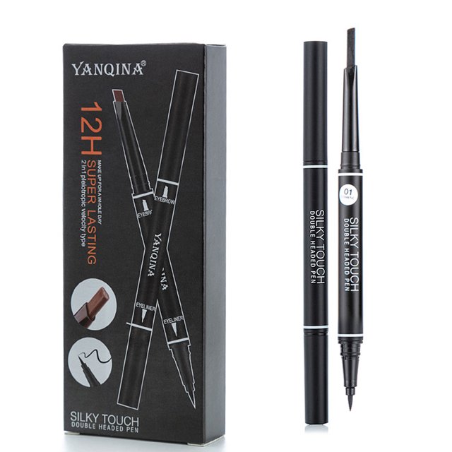 2 en 1 lápiz de cejas y delineador de ojos impermeable de doble extremo maquillaje líquido cosmético 1#
