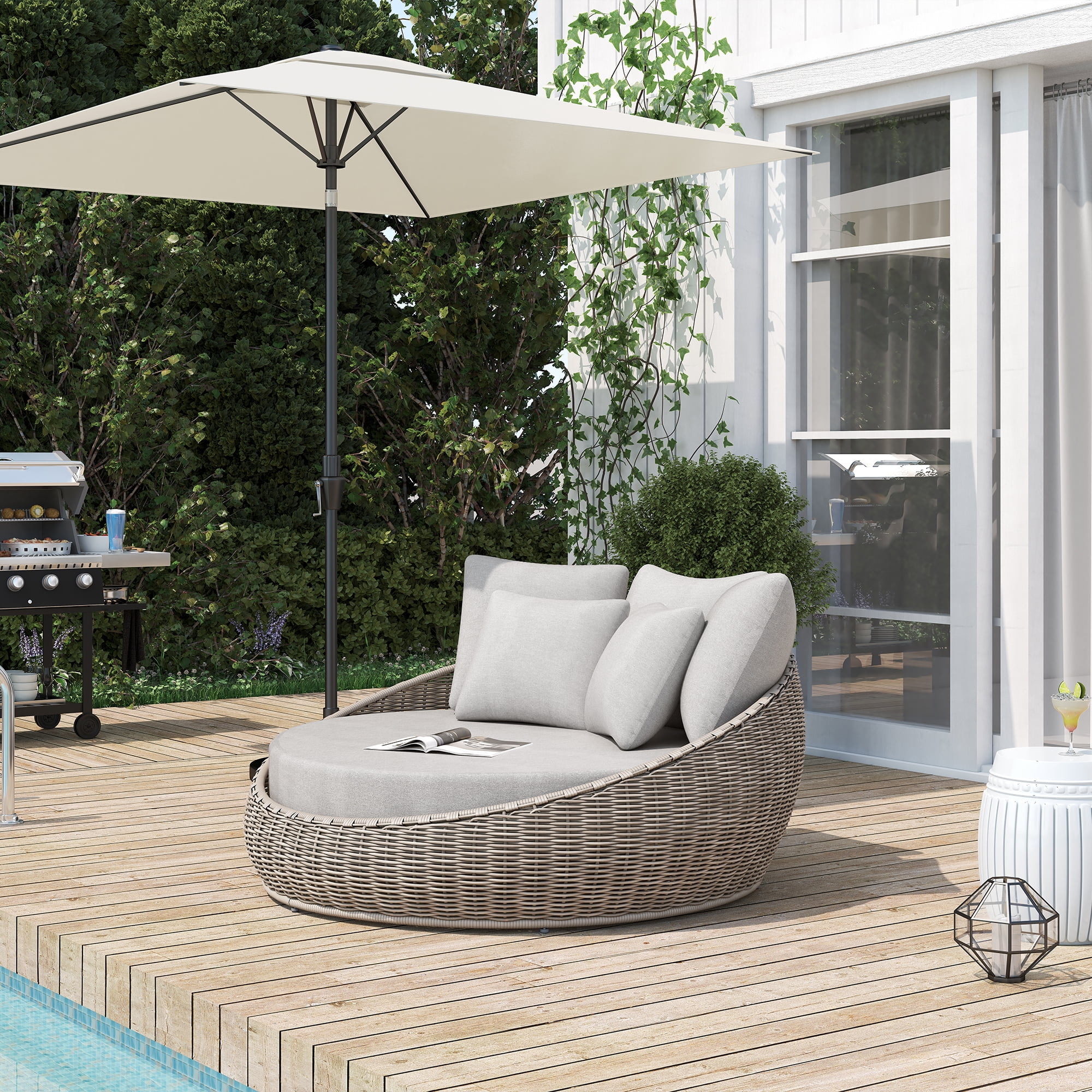 Garden Outdoor Rattan Daybed 2-in-1 Round Sofa Lounge Furniture Set with Parasol 