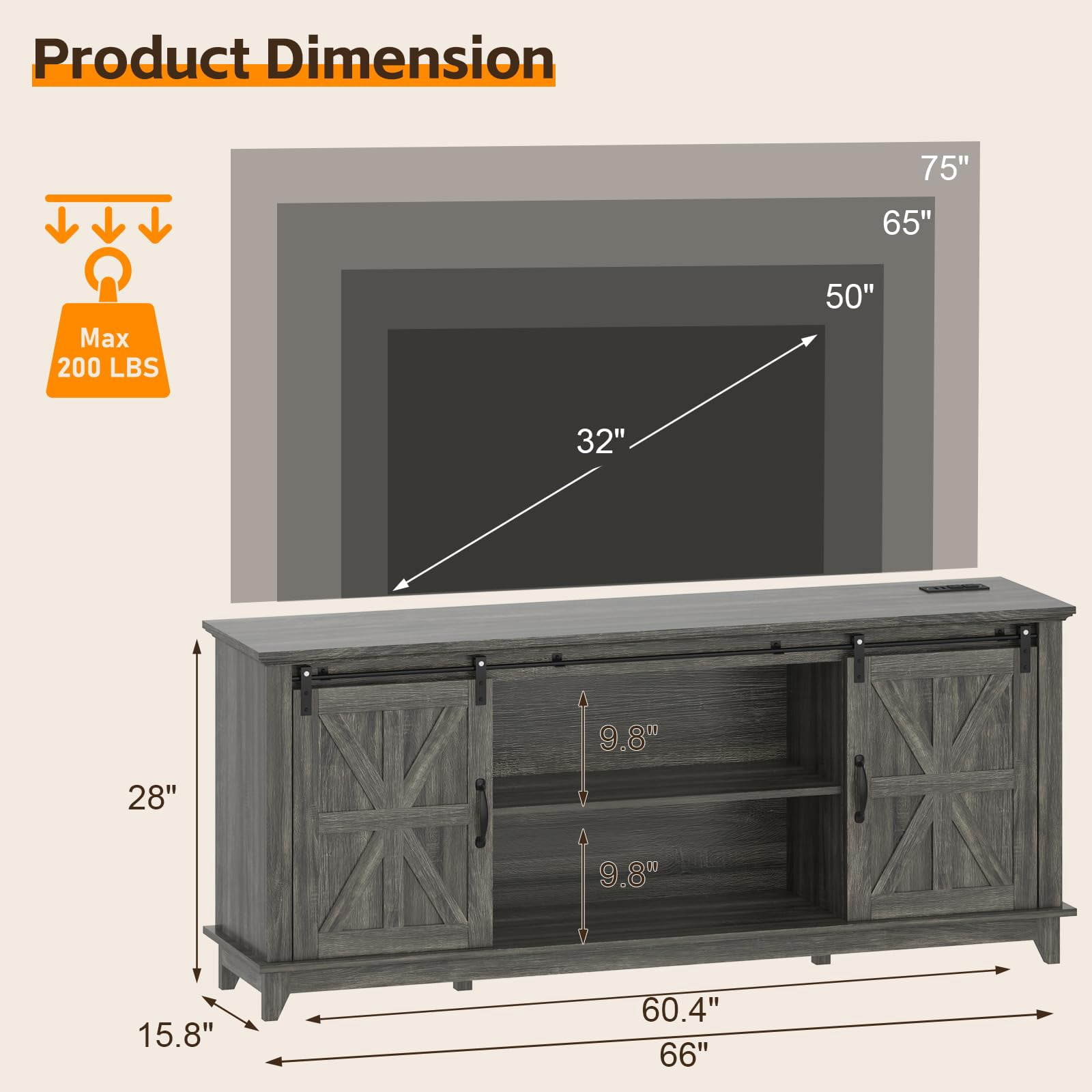 Accreate 66" Large Farmhouse TV Stand for TVs up to 75 Inches, Rustic Wood Entertainment Center with Barn Doors, Storage Cabinet, Adjustable Shelf, Charging Ports, Cable Management for Living Room