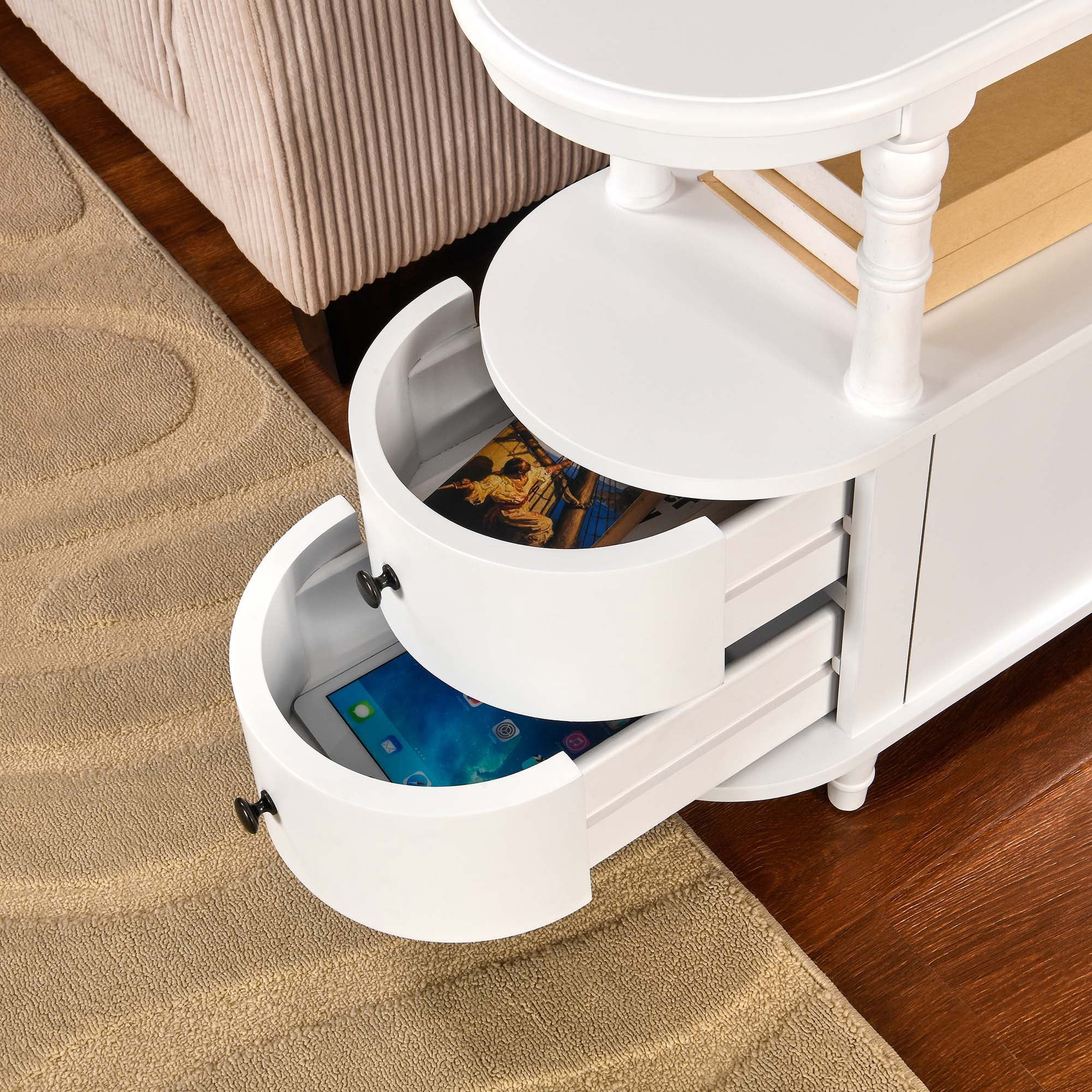Solid Wood End Table with 2 Drawers, Narrow Sofa Side Table Slim Chair Side Table with Storage Shelf, Vintage Slim Nightstand Bedside Table (White)