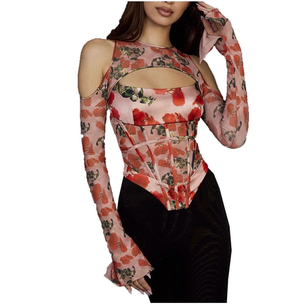 Verano nueva moda Sexy fiesta Spice Girls estampado Irregular manga larga camiseta de mujer Pompotops FGAJ3231