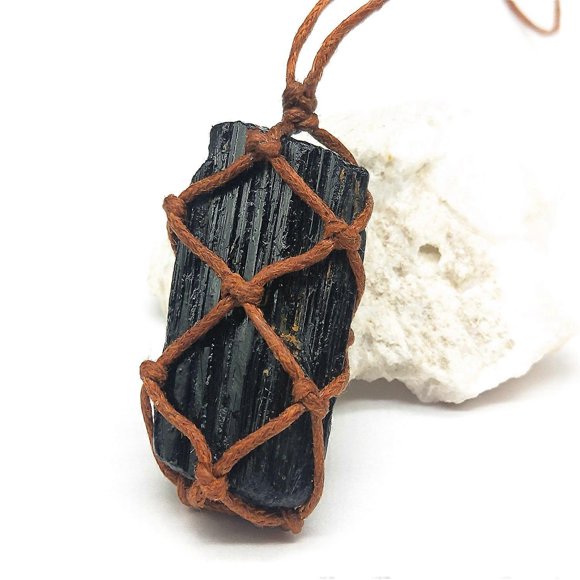 2 Pieces Natural Black Tourmaline Crystal Necklace Hand Braided Chakra Gemstone Pendant Necklace for Men Women