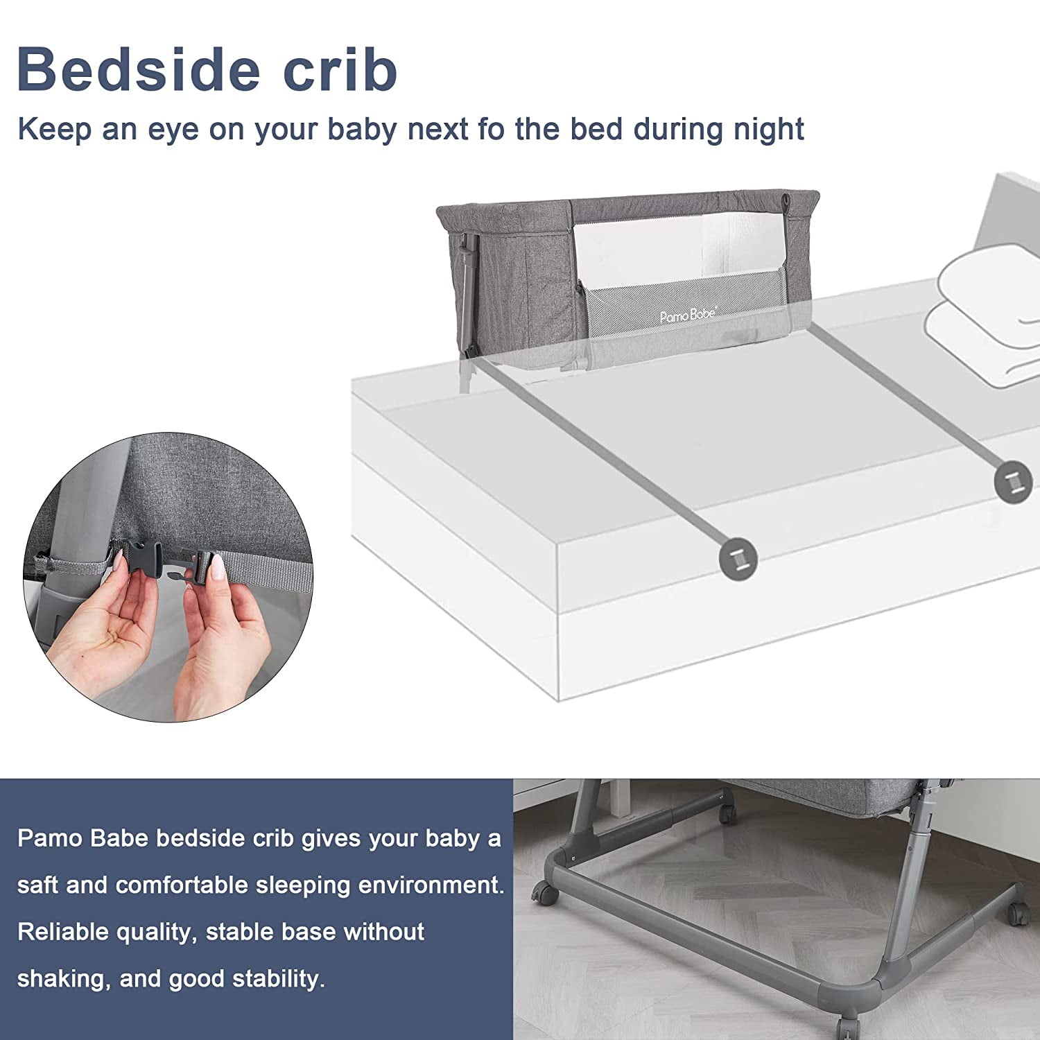 Pamo Babe Unisex Bedside Sleeper Infant Bassinet with Wheels and Floding Frame (Grey) - 3