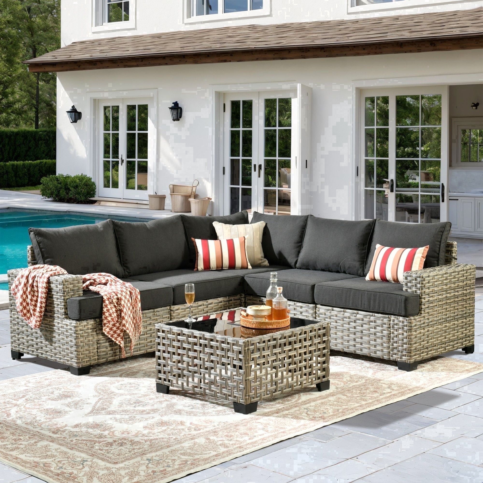 XIZZI 6-Piece Outdoor Patio Sectional Furniture Sets, Wicker Patio furniture with Coffee Table and Cushions, Waterproof Outdoor Conversation Set for Balcony, Porch, Backyard，Black
