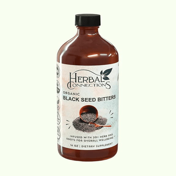 Organic Black Seed Bitters with Maca and Honey - Infused with 20  Herbs and Roots - Vegan and Gluten-Free 16 Ounces