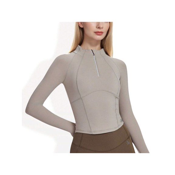Women's Long Sleeve Half-Zip Compression Top with Contour Seams - Medium, Khaki