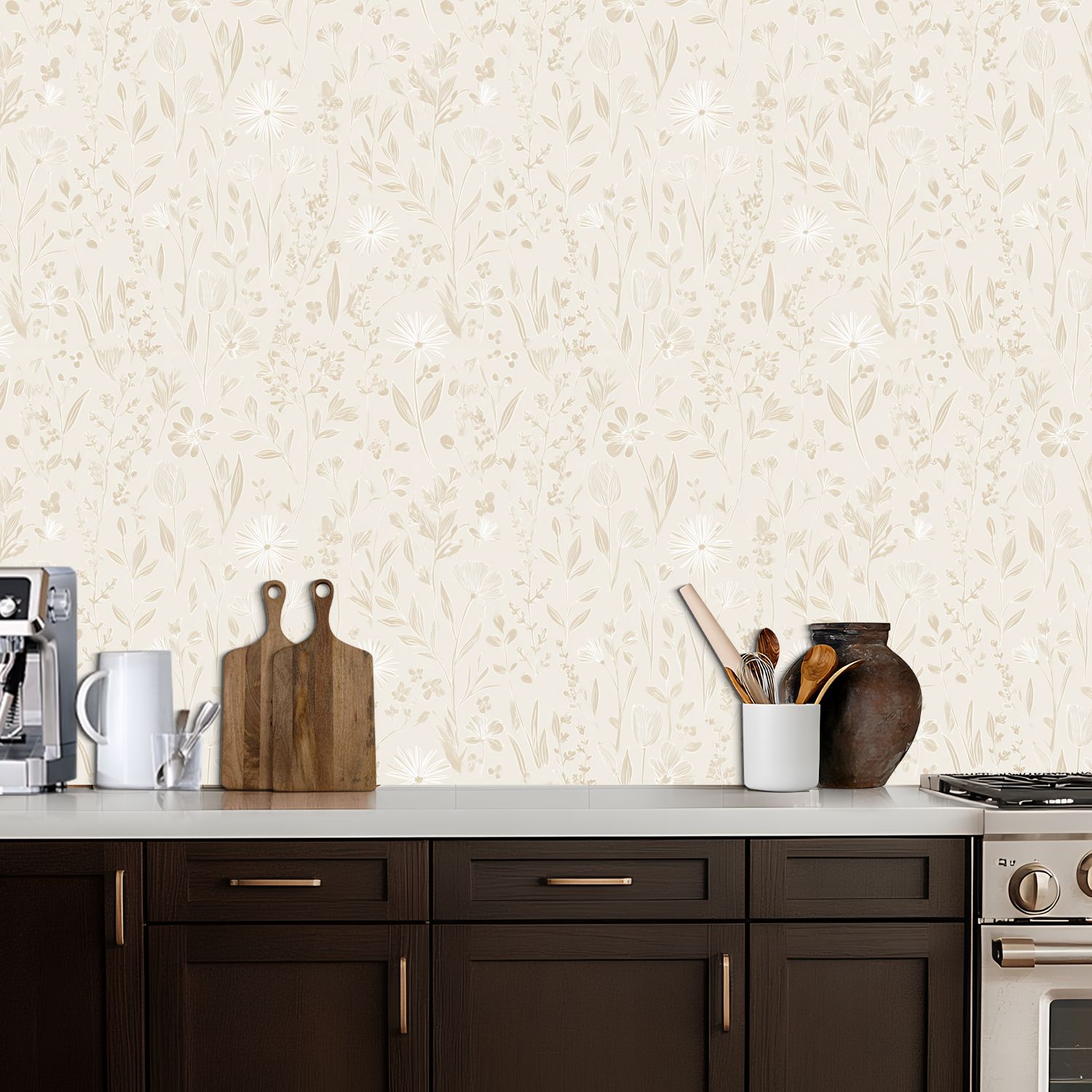 Vintage Peel and Stick Wallpaper Neutral Beige Floral Hand Drawn Flowers Leaves Wall Mural 17.7in x 9.8ft Self Adhesive Removable Wall Paper Renter Friendly Wallpaper for Nursery Bedroom