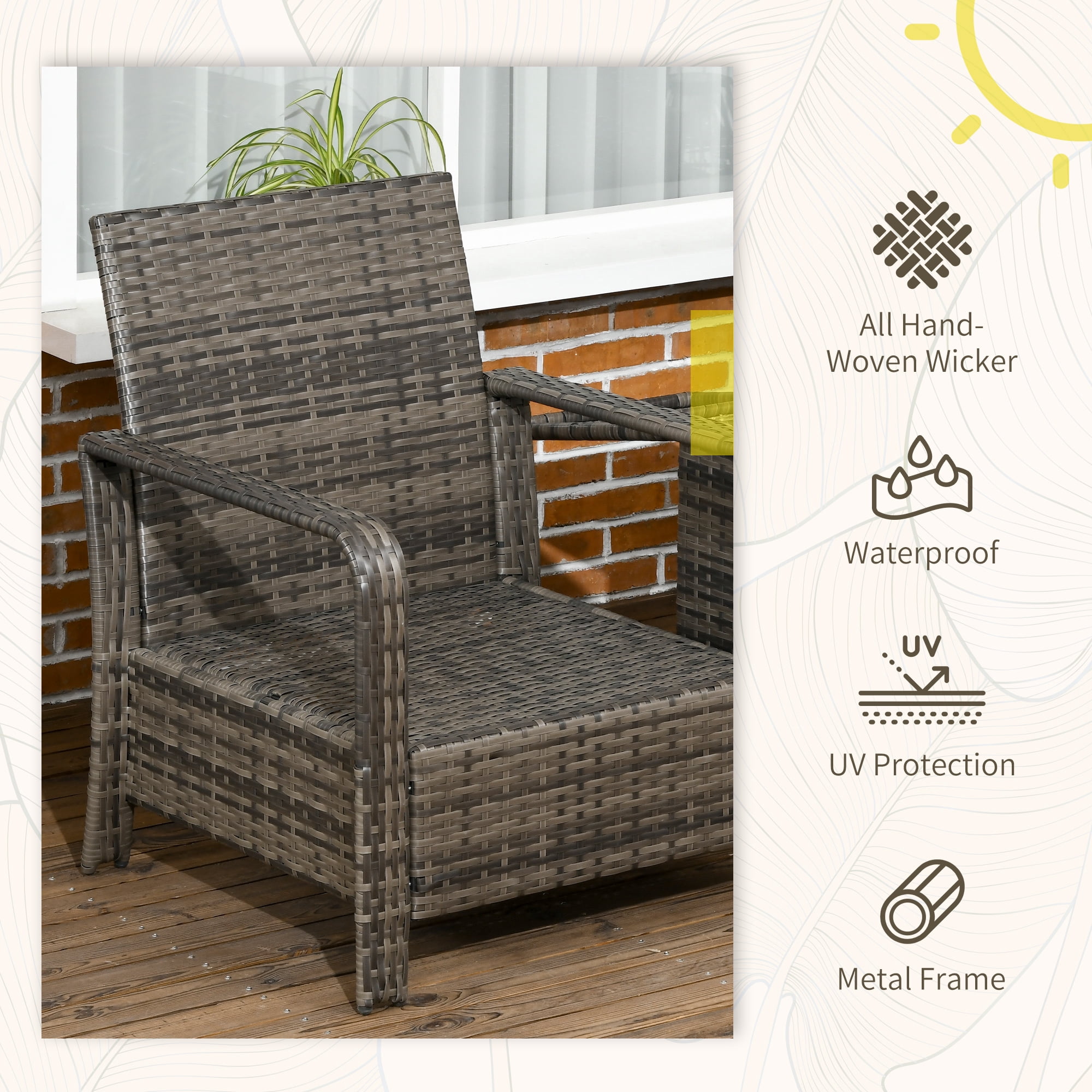 Outsunny 3 Piece Patio Furniture Set, PE Rattan Wicker Storage Table and Chairs w/ Tufted Cushions, Beige