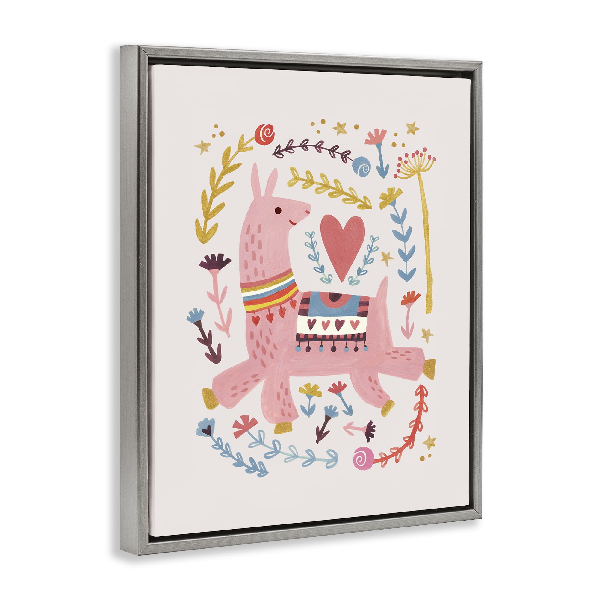 Stupell Industries Pink Llama with Florals Animals Painting Gray Floater Framed Canvas Art Print Wall Art, 17 x 21