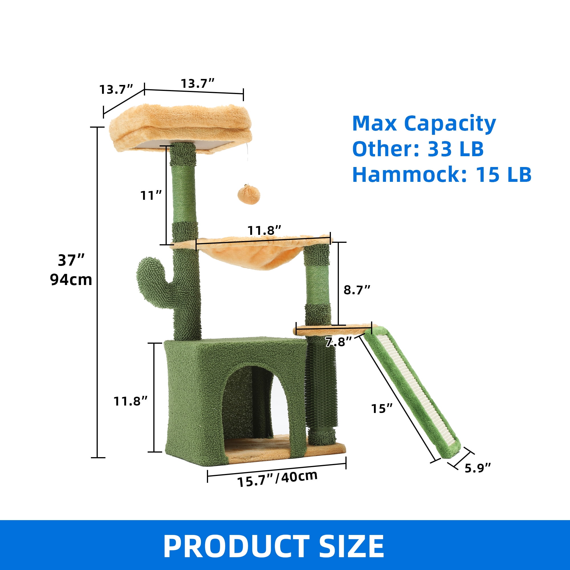 Dextrus 37" Tall Cactus Cat Tree Tower,Indoor Cat Condo with Self-Grooming Brush, Plush Platform, Hammock, Sisal Scratching Posts, and Toy Balls,Green